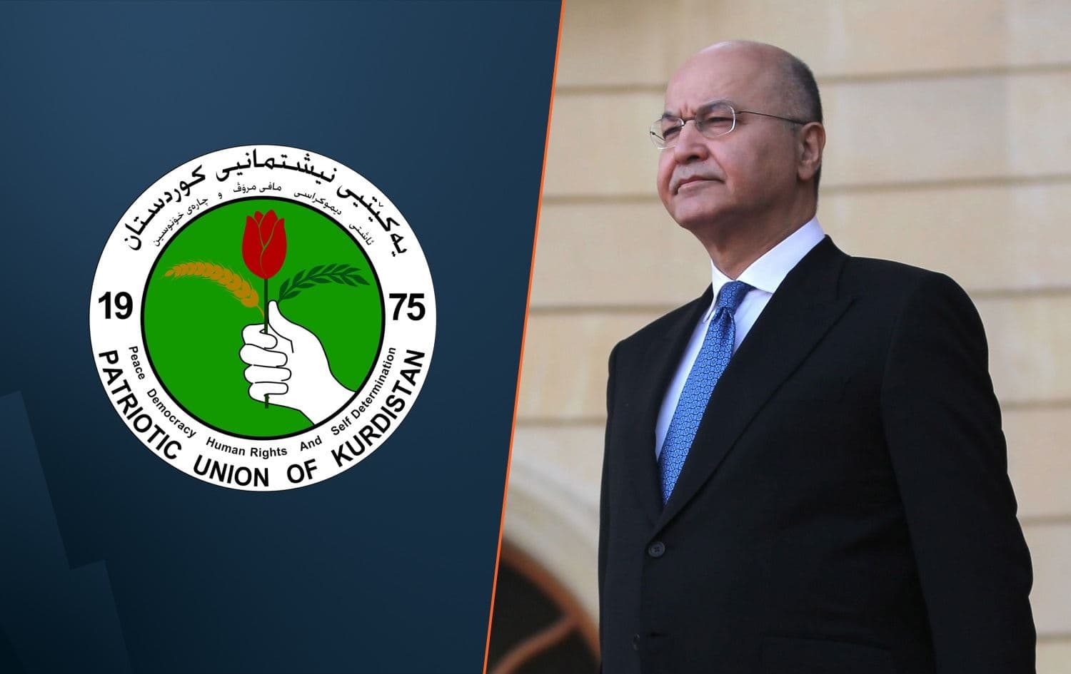 PUK logo (left), and Iraqi President Barham Salih (right), January 2019. Photo: Ahmad al-Rubaye/AFP. Graphic: Rudaw