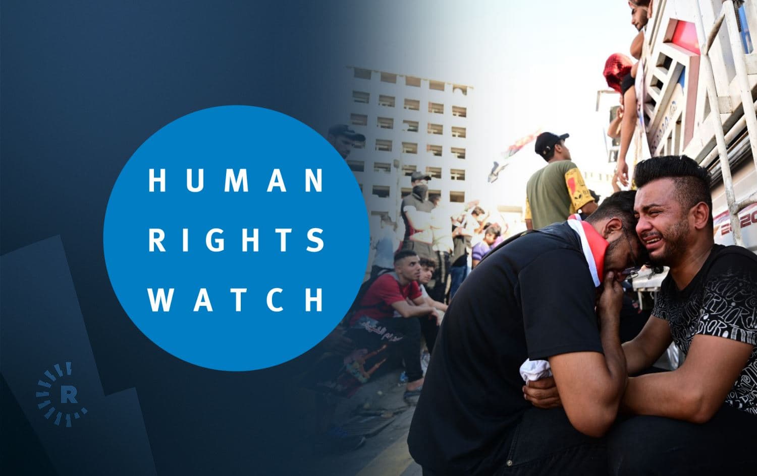 Human Rights Watch logo (left). Protestors in Baghdad (right) on May 25, 2021. Photo: Bilind T. Abdullah/Rudaw; Graphic: Rudaw