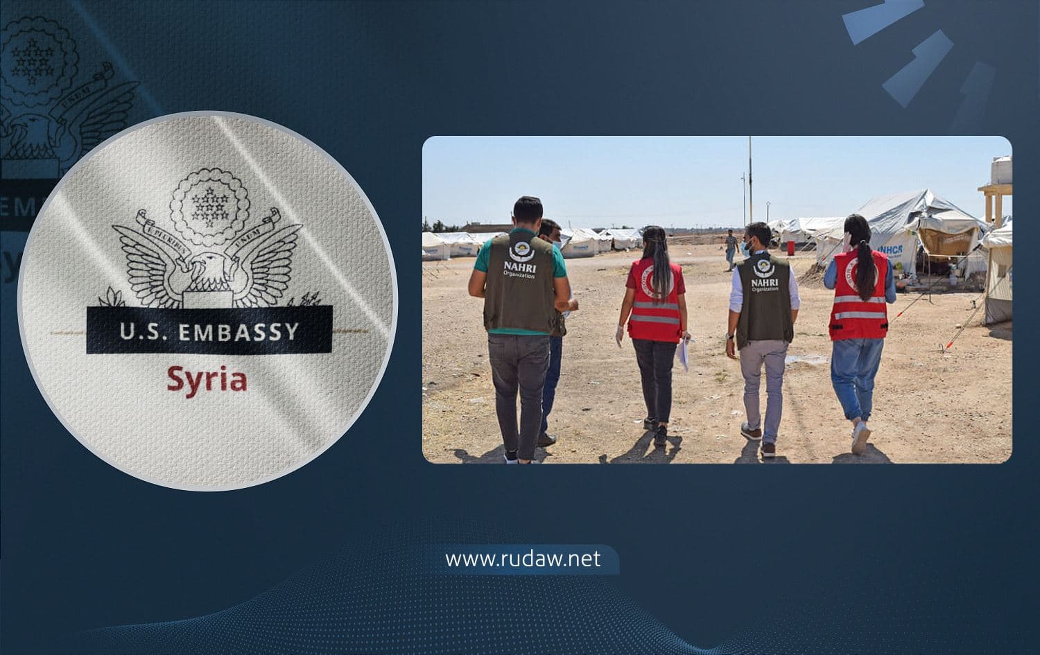 From left: logo of US embassy in Syria, and file photo of health workers in a camp in northeast Syria. Credit: Kurdish Red Crescent  