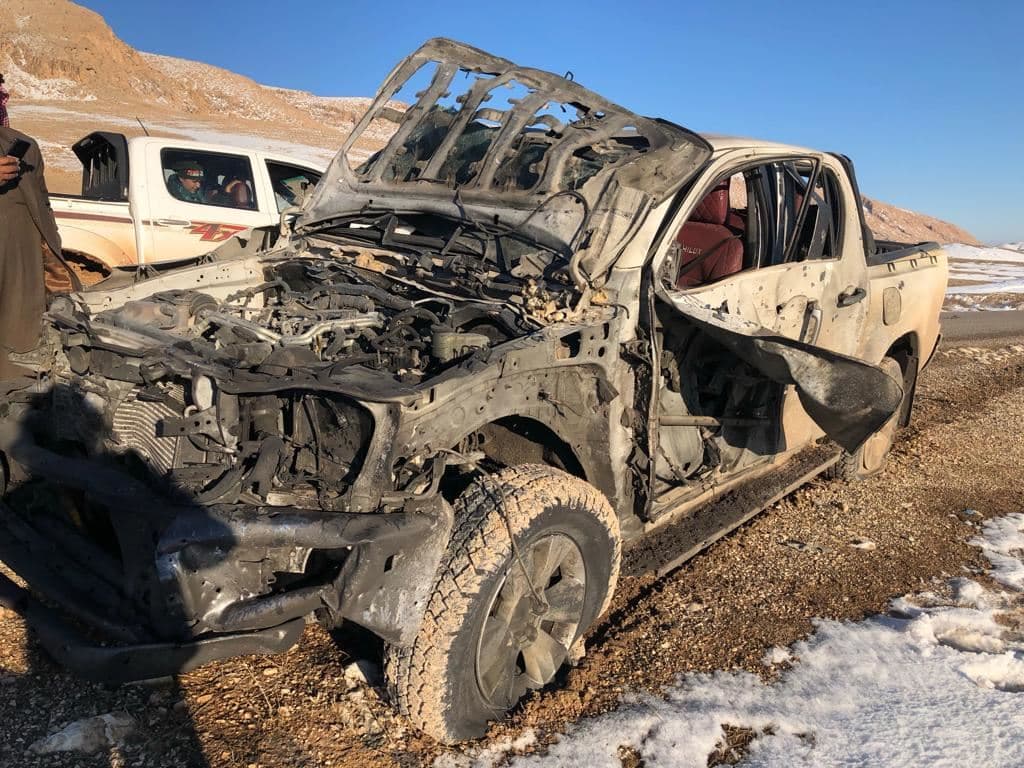 One of the vehicles which were targeted by suspected Turkish drone on January 21, 2022. Photo: handout