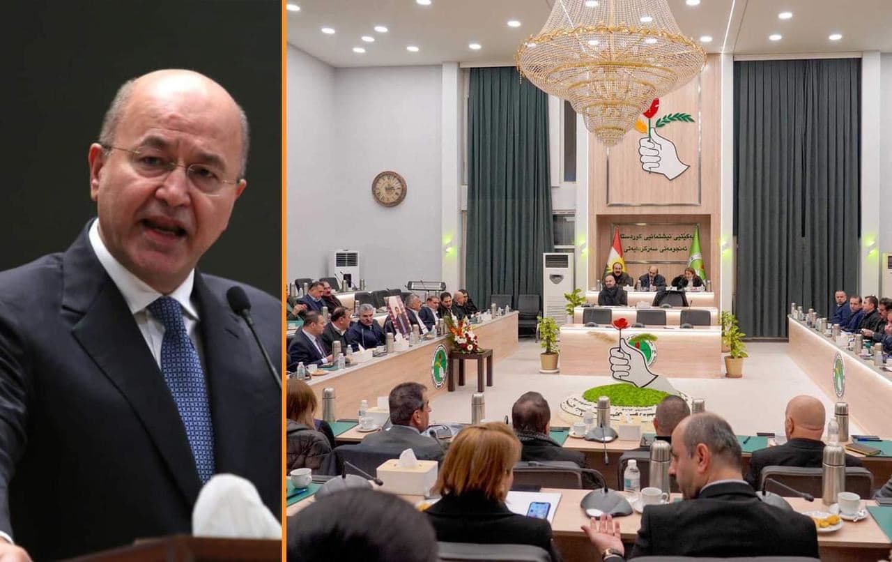 Iraqi President Barham Salih. File Photo: AFP (left); Patriotic Union of Kurdistan (PUK) leadership council meeting on January 23, 2022. Photo: PUK (right); Graphic: Rudaw 