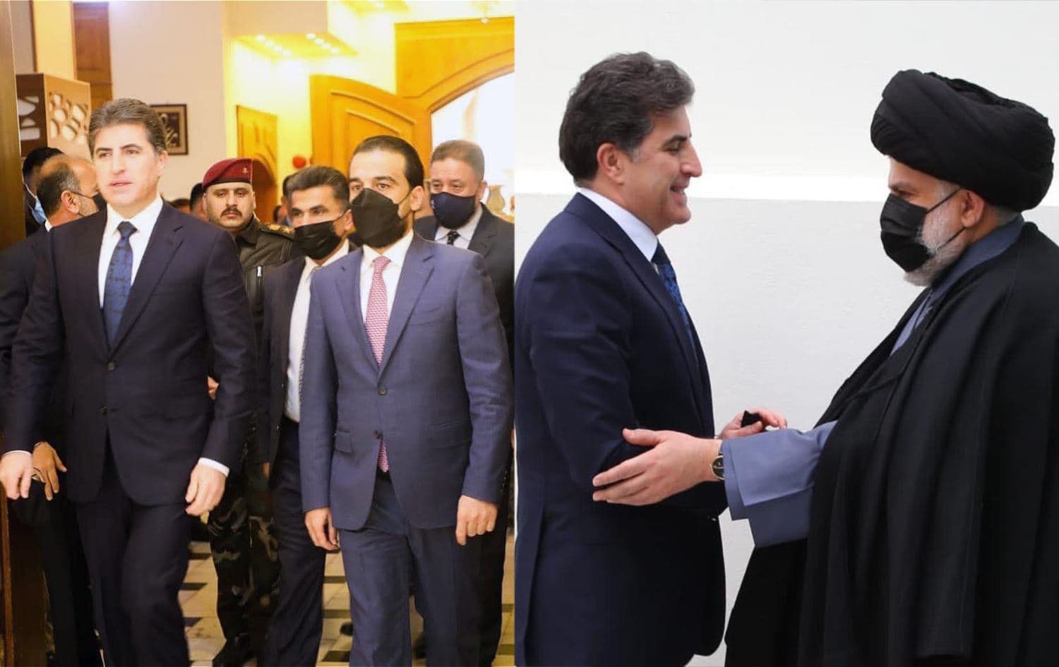 KDP Vice President Nechirvan Barzani and head of the Sunni Taqadum Alliance, Mohammed al-Halbousi (left), and Barzani shaking hands with the leader of Sadrist Movement Muqtada al-Sadr in Najaf province, both on January 31, 2022. Photo: Kurdistan Region Presidency