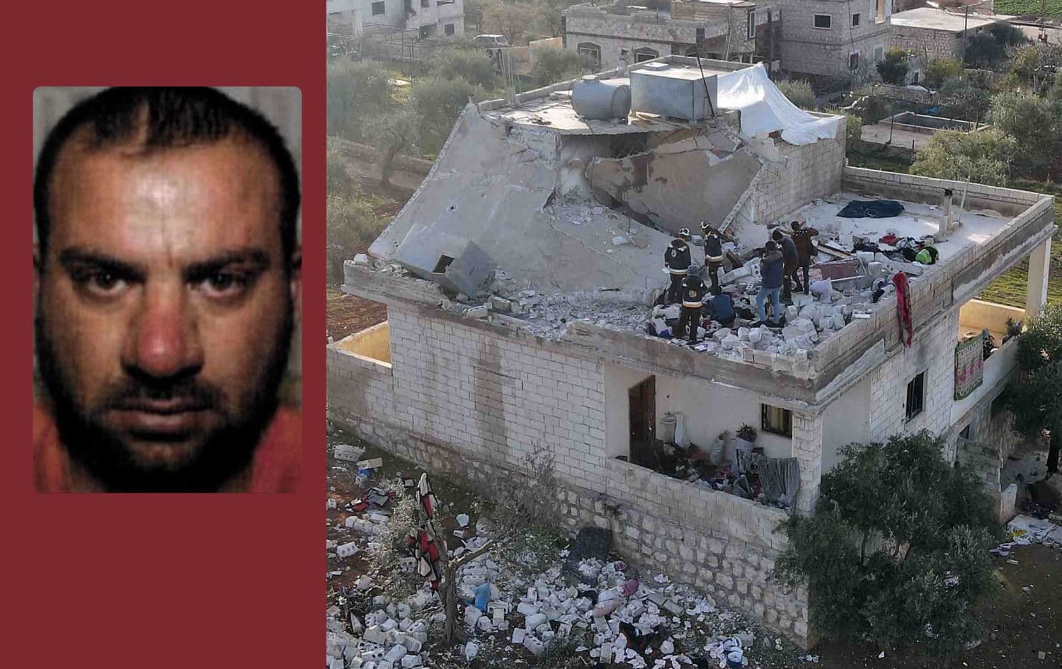From left: ISIS leader Abu Ibrahim al-Hashimi al-Qurayshi and the aftermath of the operation that killed him in Idlib on February 3, 2022. Photo: AFP