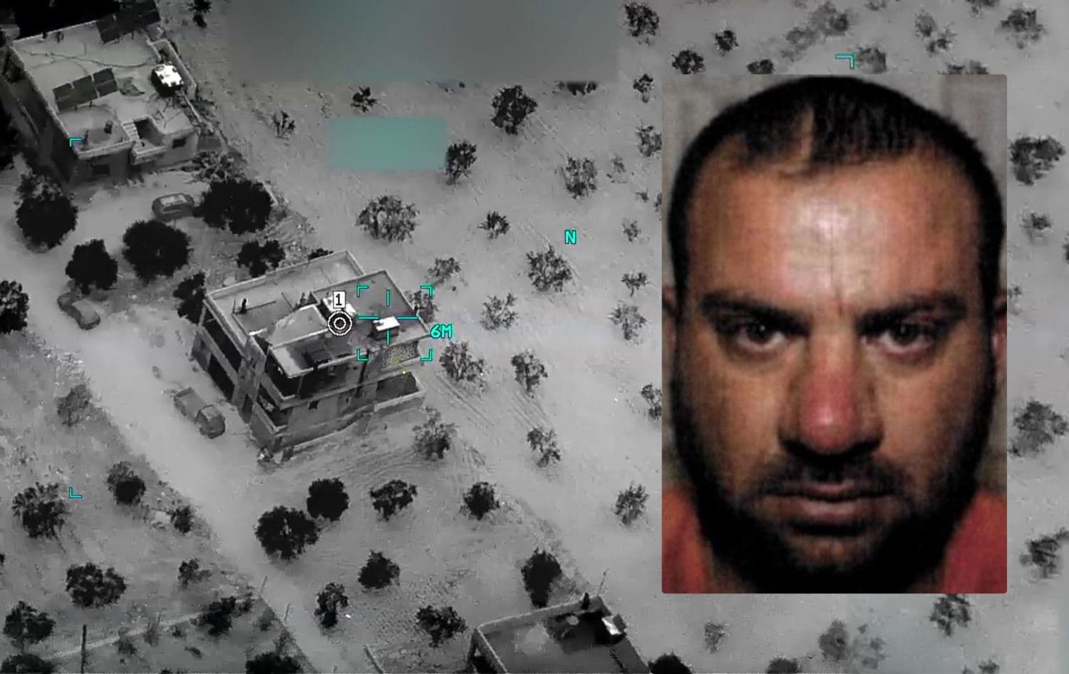Pre-operation image (left) of building housing ISIS leader Abu Ibrahim al-Hashimi al-Qurayshi (right) in northwest Syria prior to a raid executed by US forces. Photo: US Department of Defense/AFP; Graphic: Rudaw
