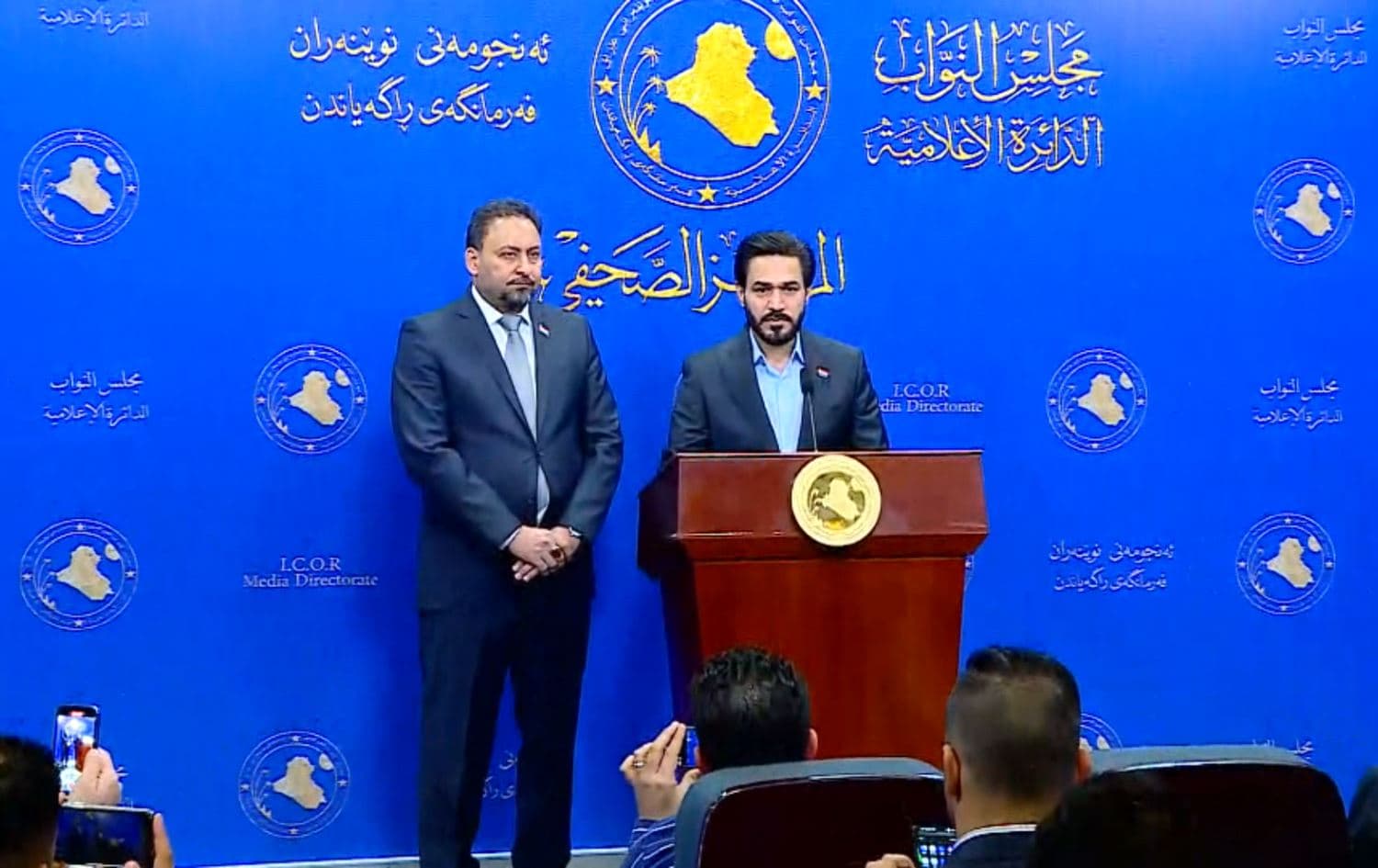 Hassan al-Athari, head of the Sadrist bloc, speaks to reporters in Baghdad on February 5, 2022. Photo: Rudaw