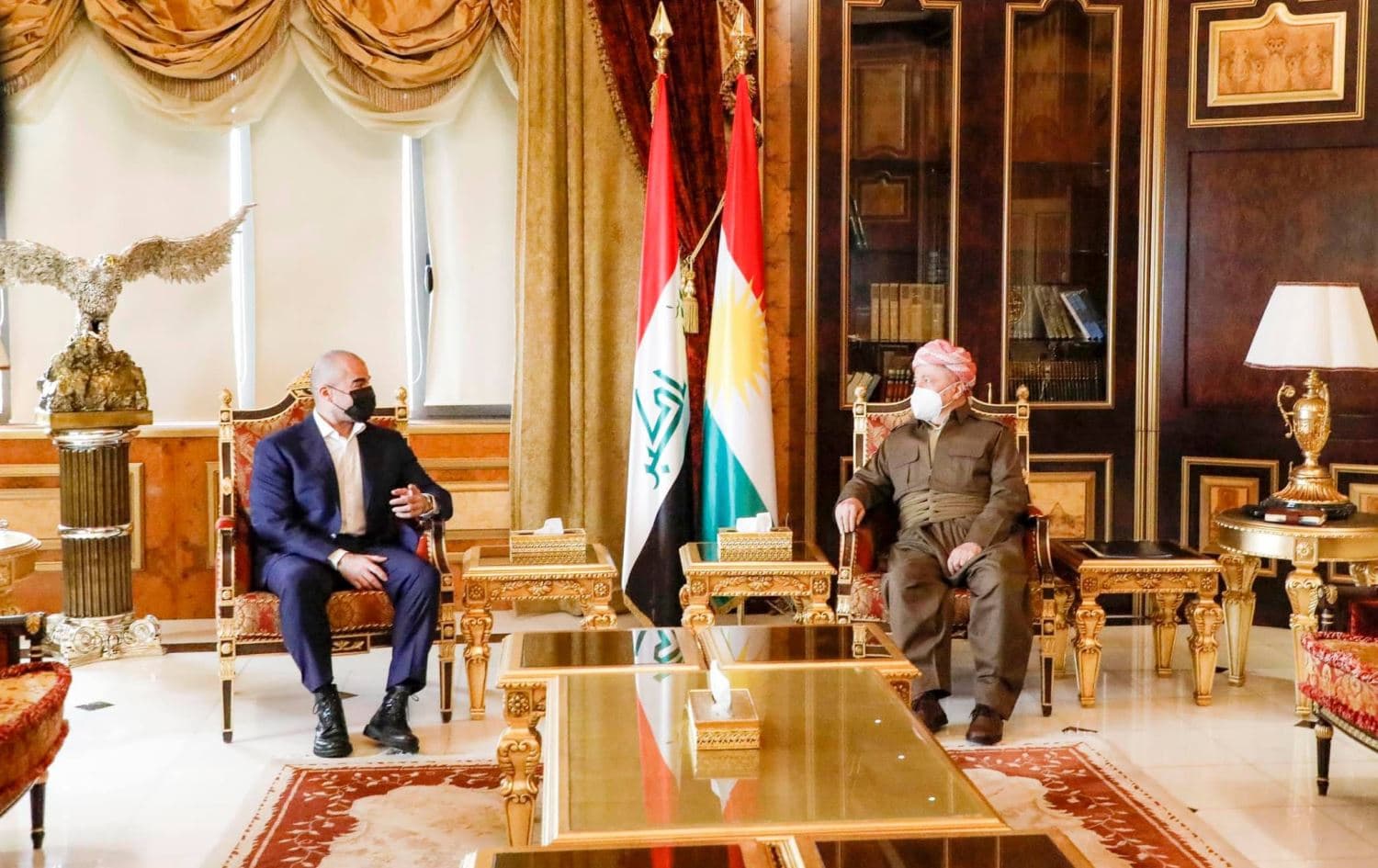 PUK’s Bafel Talabani (left) meets with KDP’s Masoud Barzani (right) at an earlier meeting on November 15, 2021. Photo: Bafel Talabani/Facebook