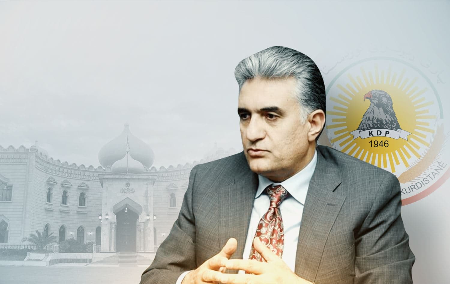 Reber Ahmed, KRG interior minister, in front of the Iraqi presidency palace (left) and the KDP's logo (right). Graphic: Rudaw