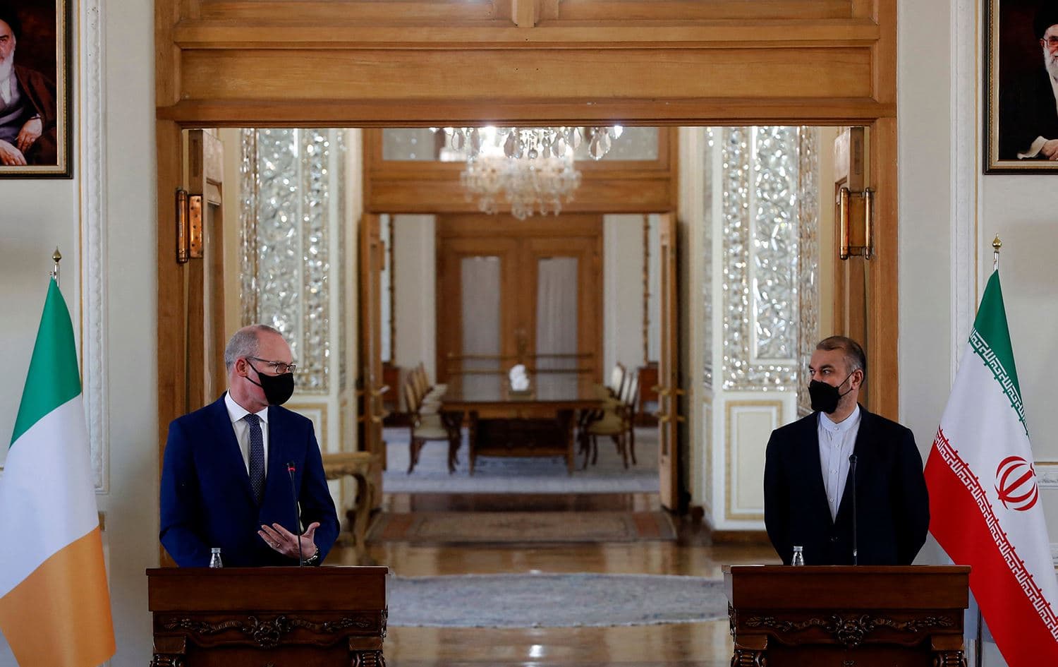 Irish Foreign and Defence Minister Simon Coveney speaks during a joint press conference with Iranian Foreign Minister Hossein Amir-Abdollahian in Tehran on February 14, 2022. Photo: AFP