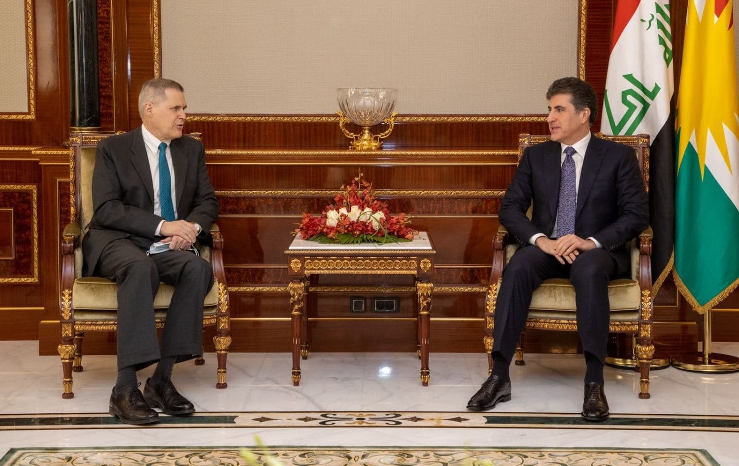 US Ambassador to Iraq Matthew Tueller (left) and Kurdistan Region President Nechirvan Barzani in Erbil on February 16, 2022. Photo: Handout/Barzani’s office
