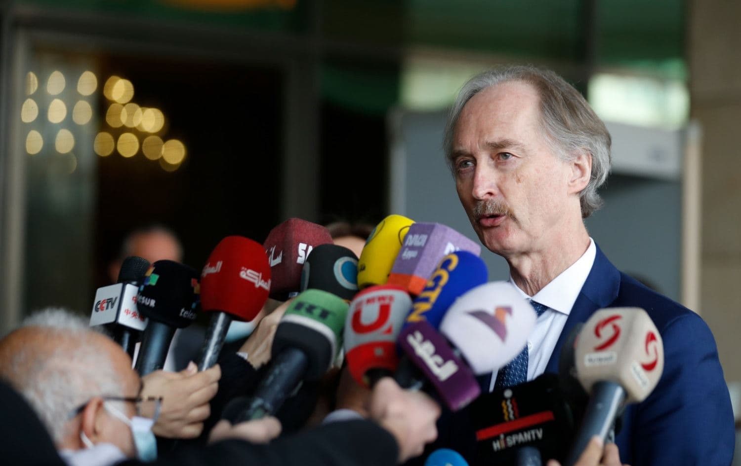 The UN special envoy for Syria Geir Pedersen speaking to reporters after he met with Syrian officials, including Foreign Minister Faisal Mekdad, in Damascus on February 16, 2022. Photo: Omar Sanadiki/AP