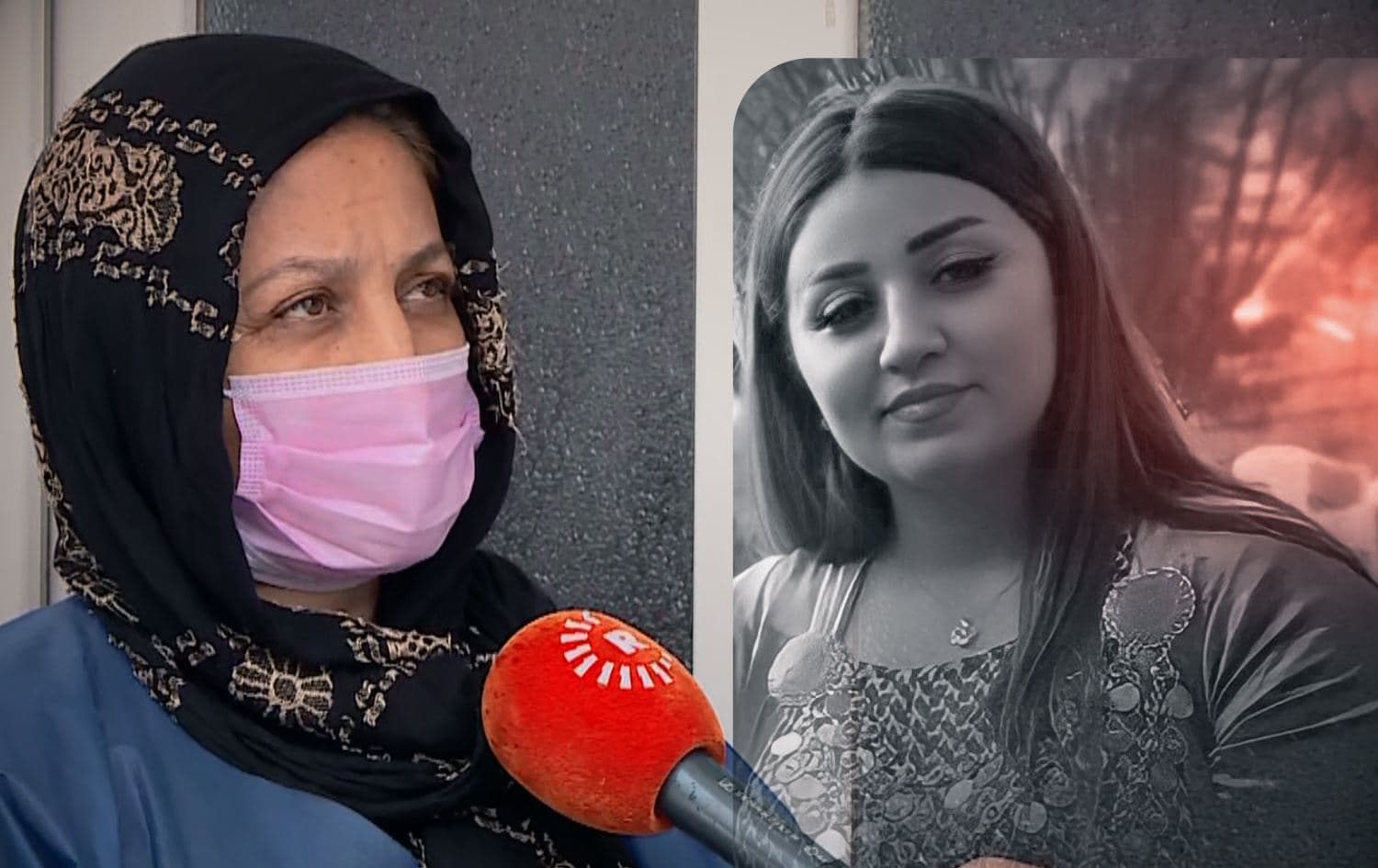Shnyar Hunar (right) was allegedly set on fire by her husband in Sulaimani on February 19, 2022. Photo: submitted; Hunar’s mother (left) speaking to Rudaw on February 20, 2022. Photo: Rudaw; Graphic: Rudaw