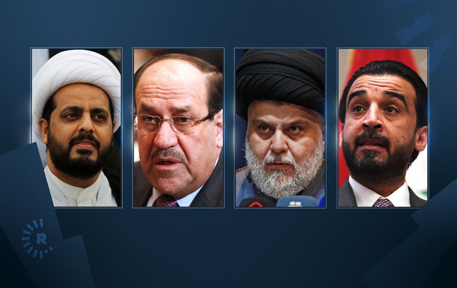 From Left: Iraqi political leaders Qais al-Khazali, Nouri al-Maliki, Muqtada al-Sadr, and Mohammed al-Halbousi. Photos: AFP; Graphic: Rudaw