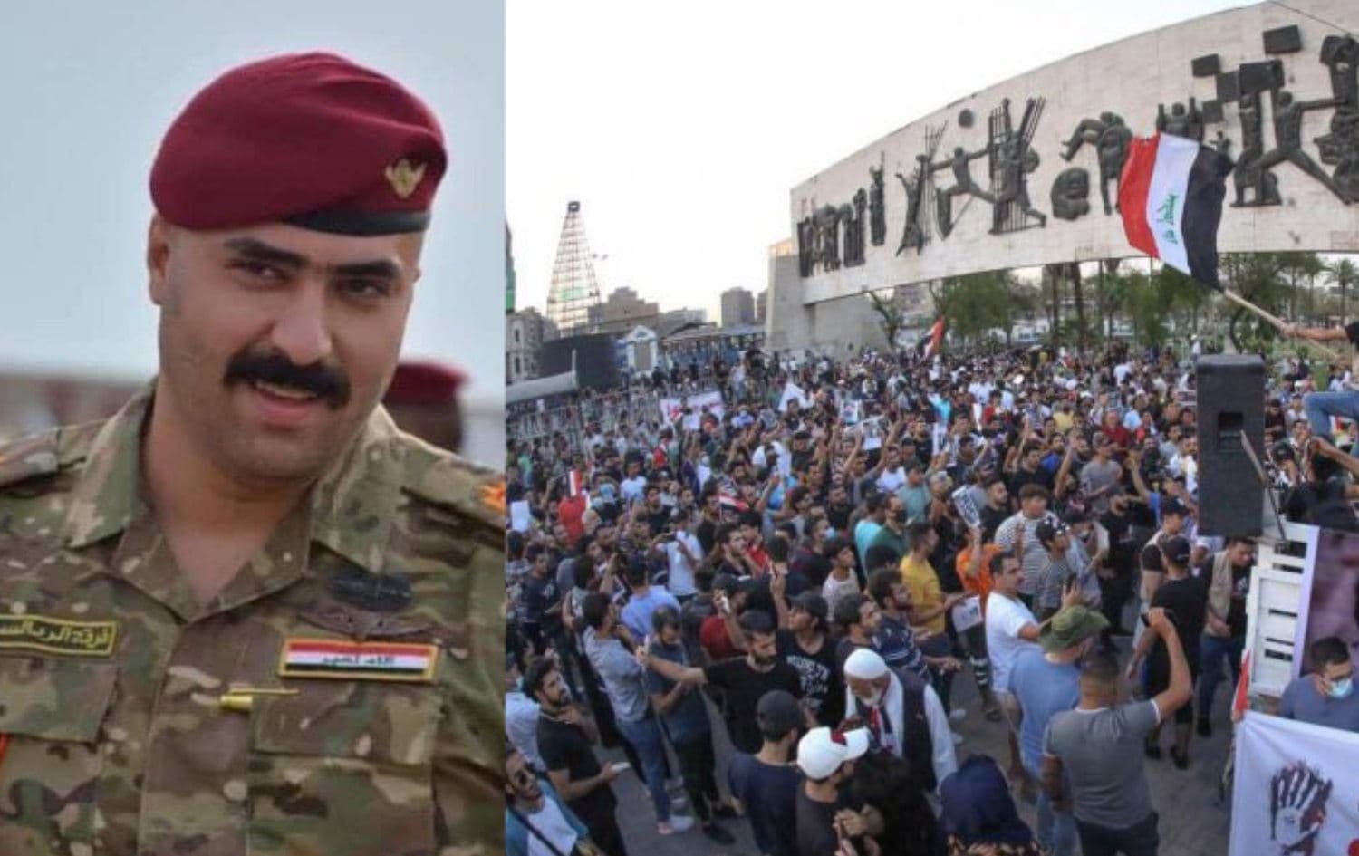 Iraqi security officer Omar Nazar (left). Photo: Sally Bachori/Twitter. Large-scale demonstrations in Iraq on October 2, 2019 (right). Photo: End Impunity in Iraq (EII)