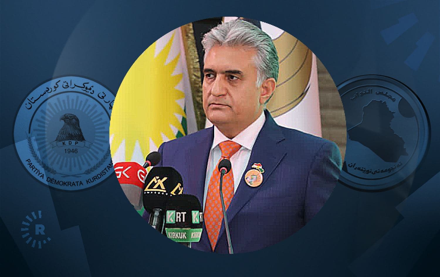 Reber Ahmed (middle) and logos of the KDP (left) and Iraqi parliament (right). Graphic: Mehmed Alsafar/Rudaw