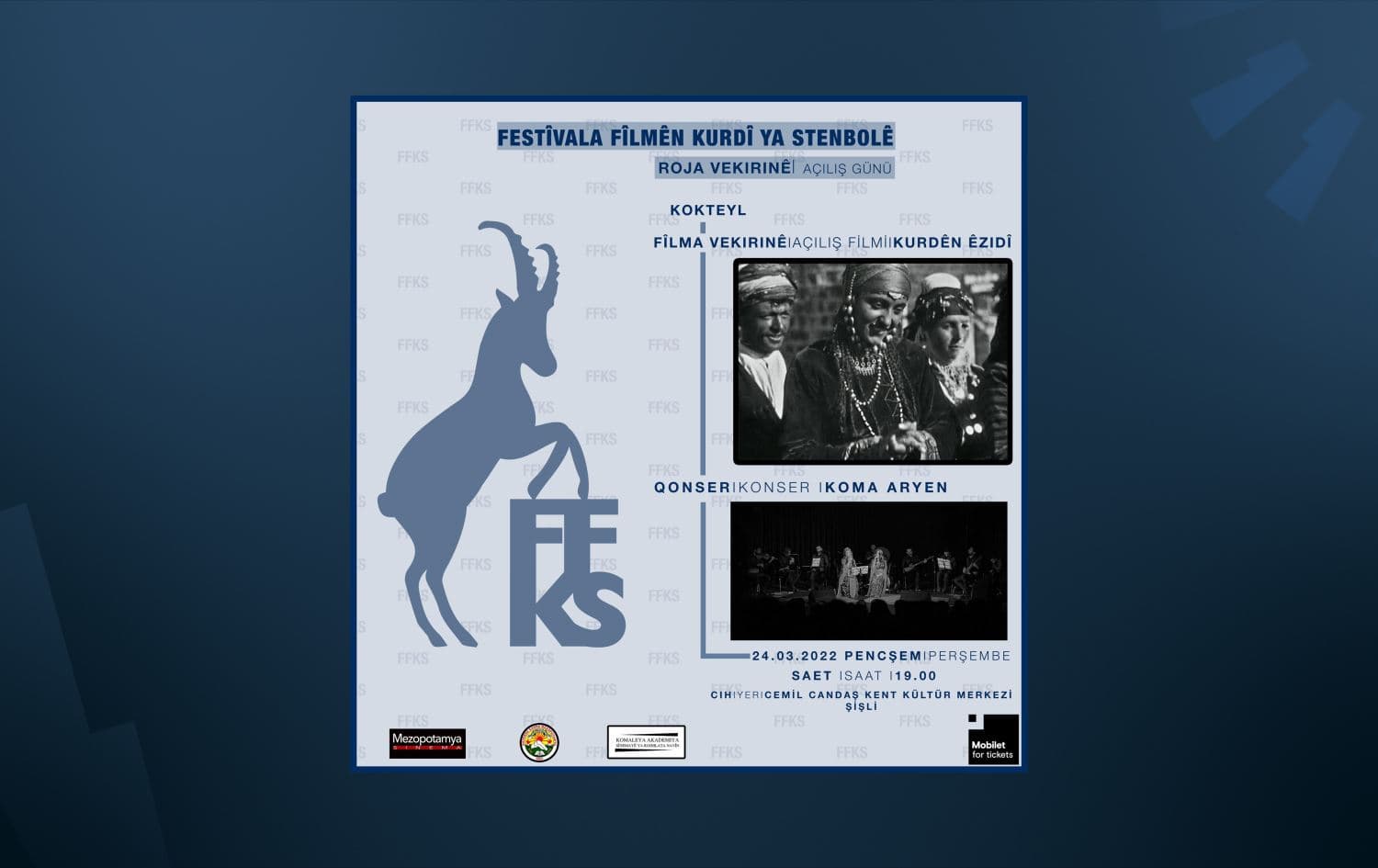 The program of the Kurdish Film Festival for the first day of the event, featuring a scene from "Yazidi Kurds" film. Photo: handout. 