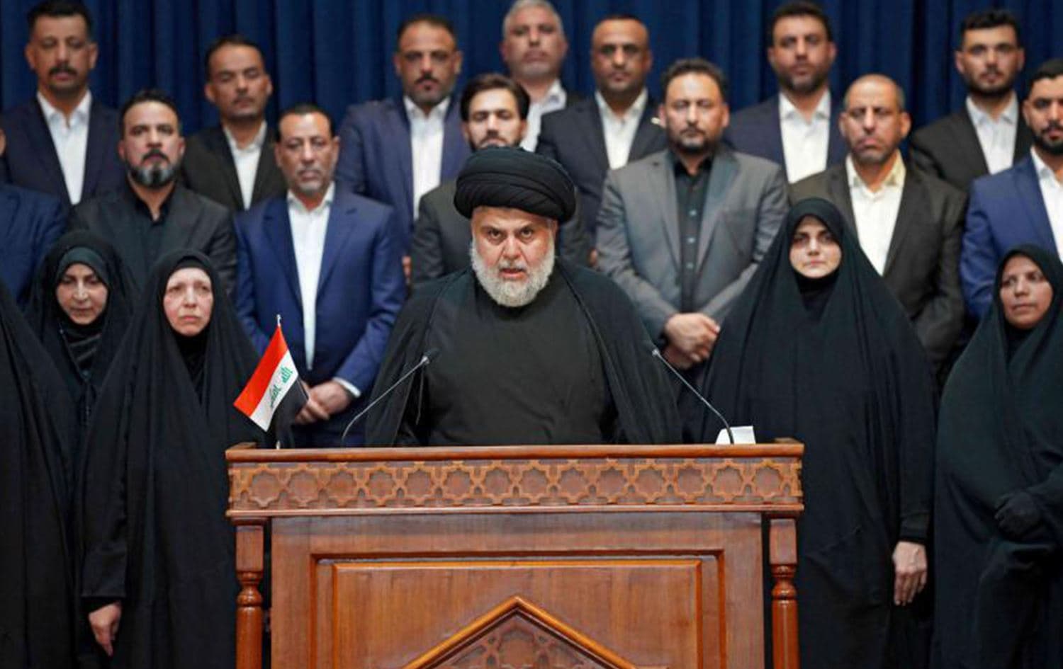  Shiite cleric Muqtada al-Sadr delivers a speech in Najaf on August 27, 2021. File photo: AFP 