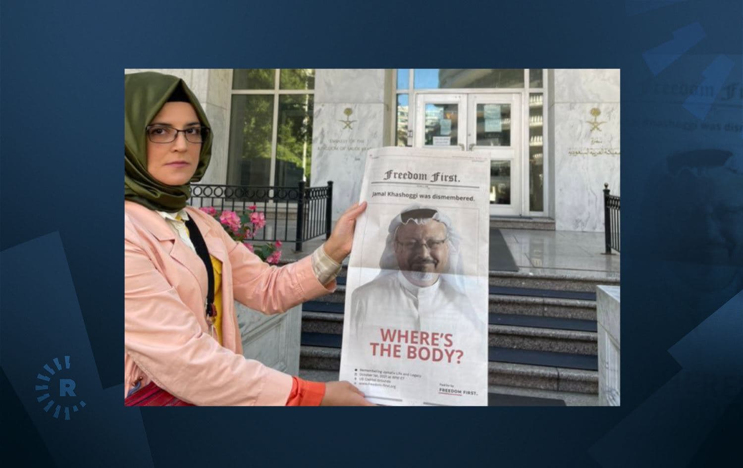 ‌Hatice Cengiz, Khashoggi's Turkish fiancee, is protesting in front of Saudi Embassy in Washington in October 2021. Photo:Cengiz's Twitter 