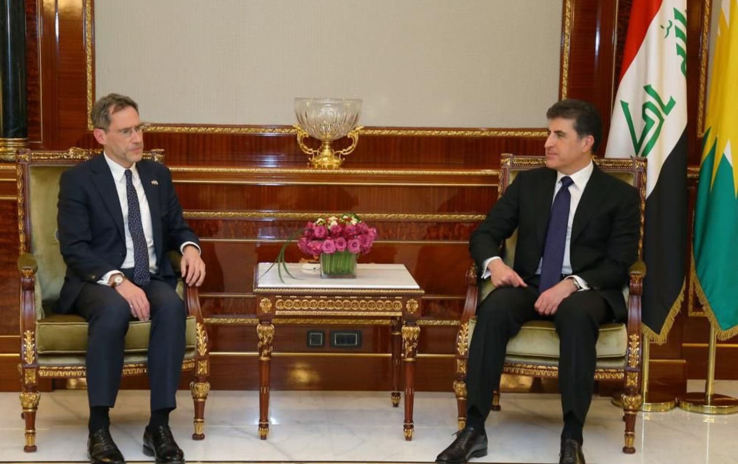 US State Department Deputy Assistant Secretary Joey Hood (left) and Kurdistan Region President Nechirvan Barzani in Erbil on April 13, 2022. Photo: Handout