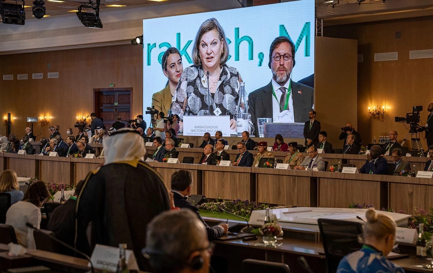 A screen shows a projection of US State Department's Under Secretary of State for Political Affairs Victoria Nuland speaking in Marrakech on May 11, 2022. Photo: Fadel Senna/AFP