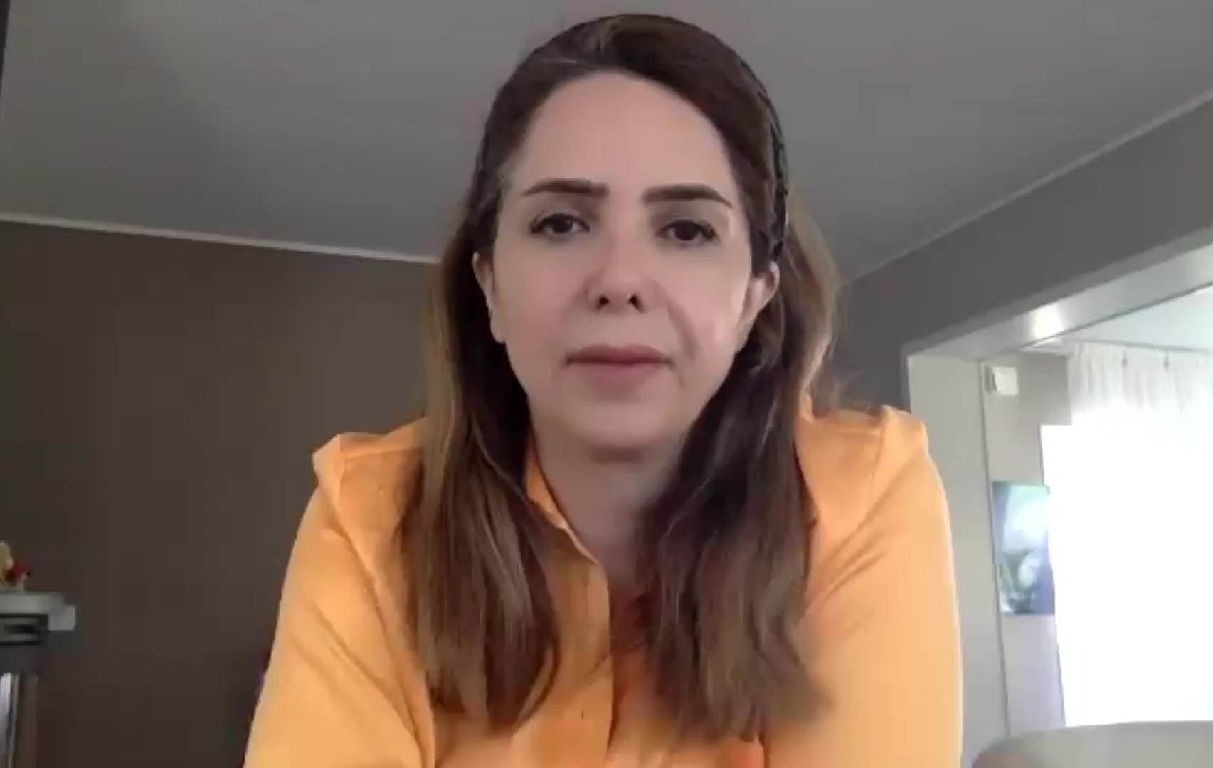 Vida Mehrannia, wife of Ahmedreza Djalali, speaking from Stockholm on May 24, 2022. Photo: AFP/Screenshot