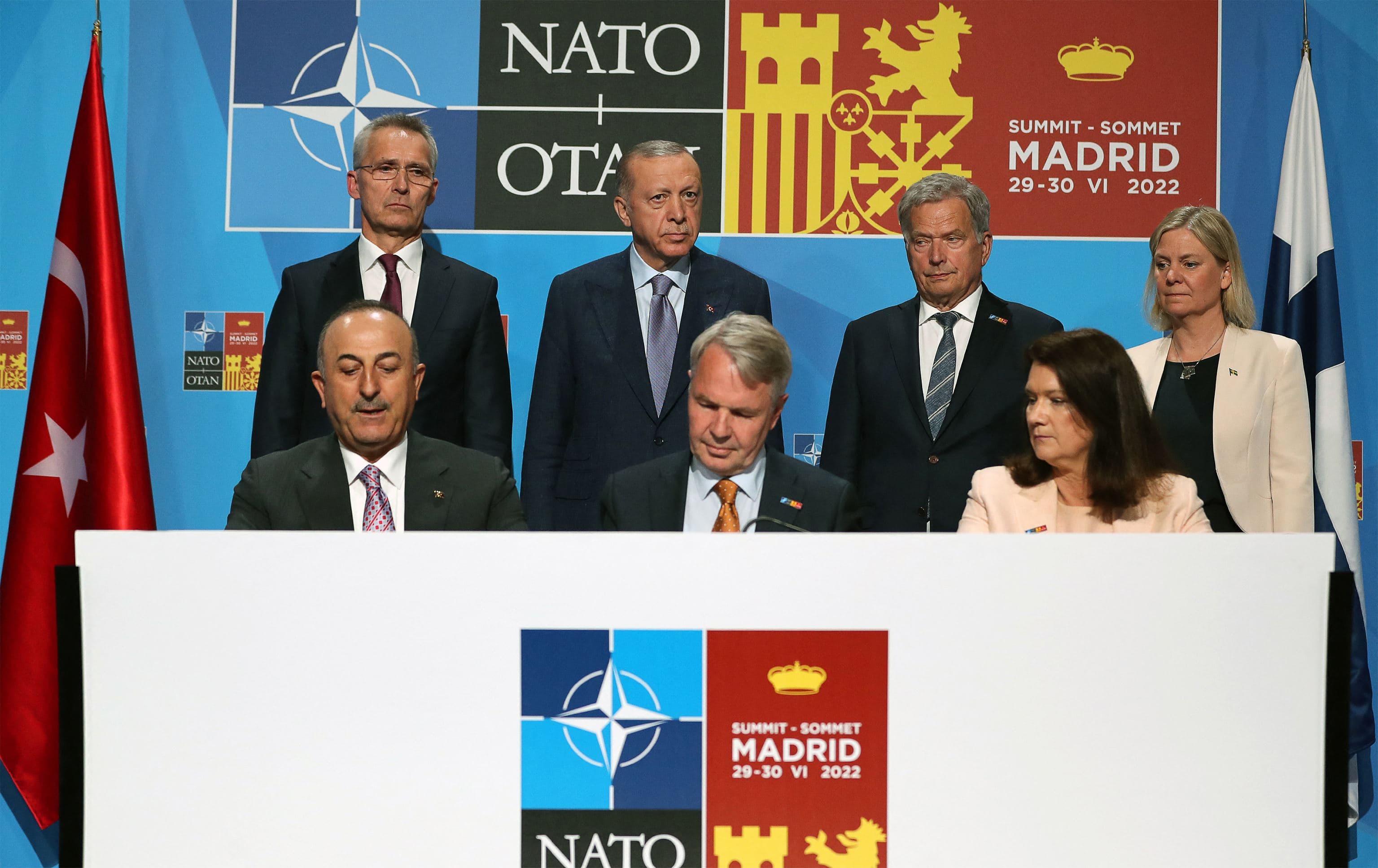 Turkish, Swedish and Finnish leaders sign a memorandum regarding both Nordic countries' bids to enter NATO in Madrid on June 28, 2022. Photo: handout/via AFP