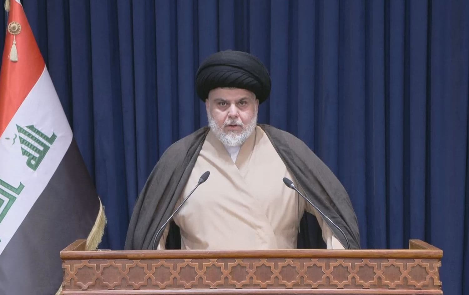 Top Shiite cleric Muqtada al-Sadr addressing the nation on May 16, 2022. Photo: Rudaw 