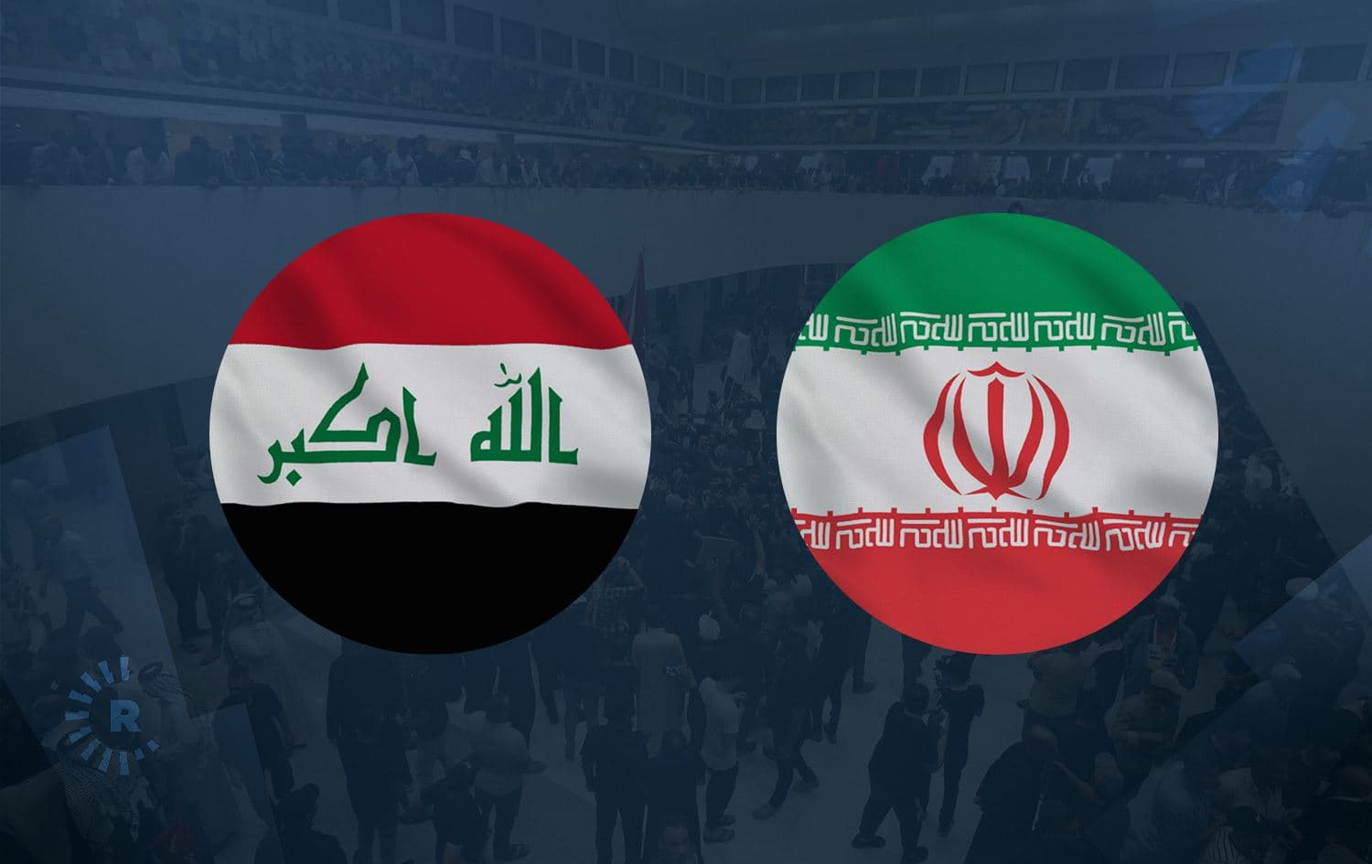 Iraq (left) and Iran flags over a picture (background) showing the Iraqi parliament packed with supporters of Shiite cleric Muqtada al-Sadr on July 31, 2022. Photo: Sabah Arar/AFP. Graphic: Rudaw