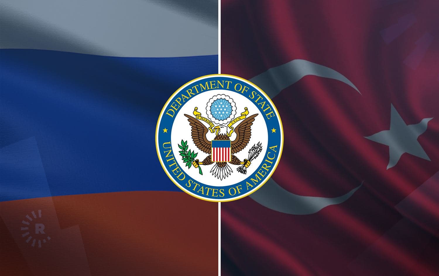 Russia's flag (left), the Turkish flag (right) and the US State Department logo. Graphic: Rudaw