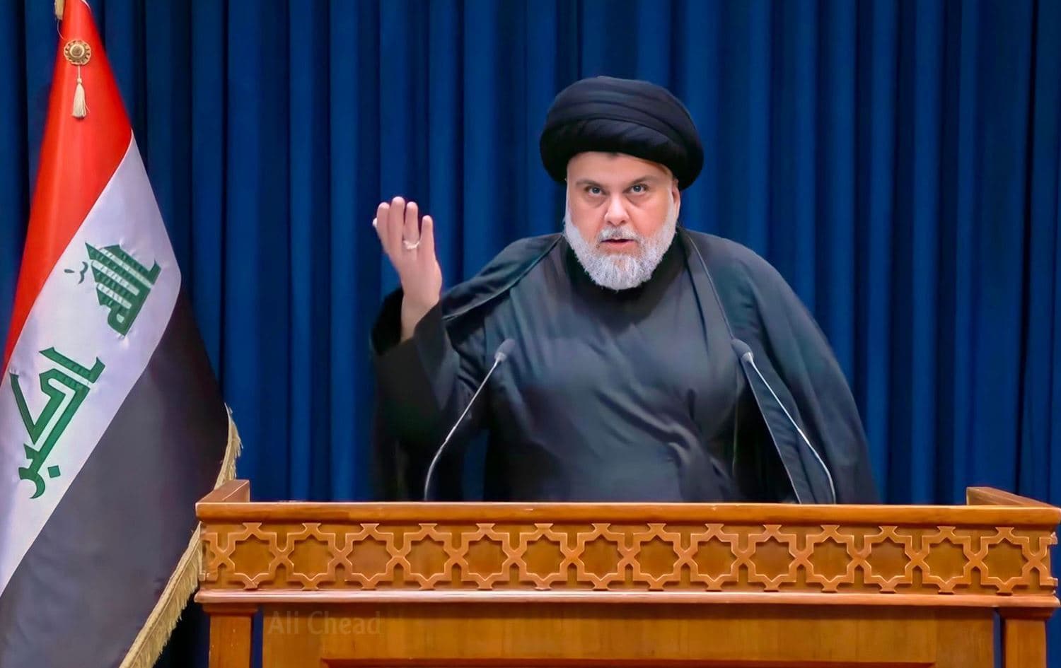 Influential Shiite cleric Muqtada al-Sadr calling for snap elections after the dissolution for the current parliament on August 3, 2022. Photo: Sadr's office