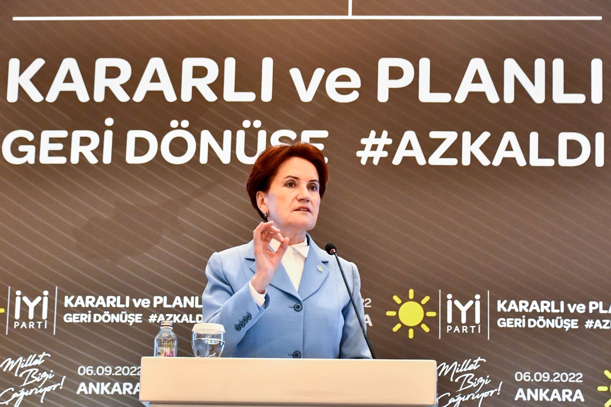 IYI Party Leader Meral Aksener speaks at a party event in Ankara on September 6, 2022. Photo: IYI Party/Twitter