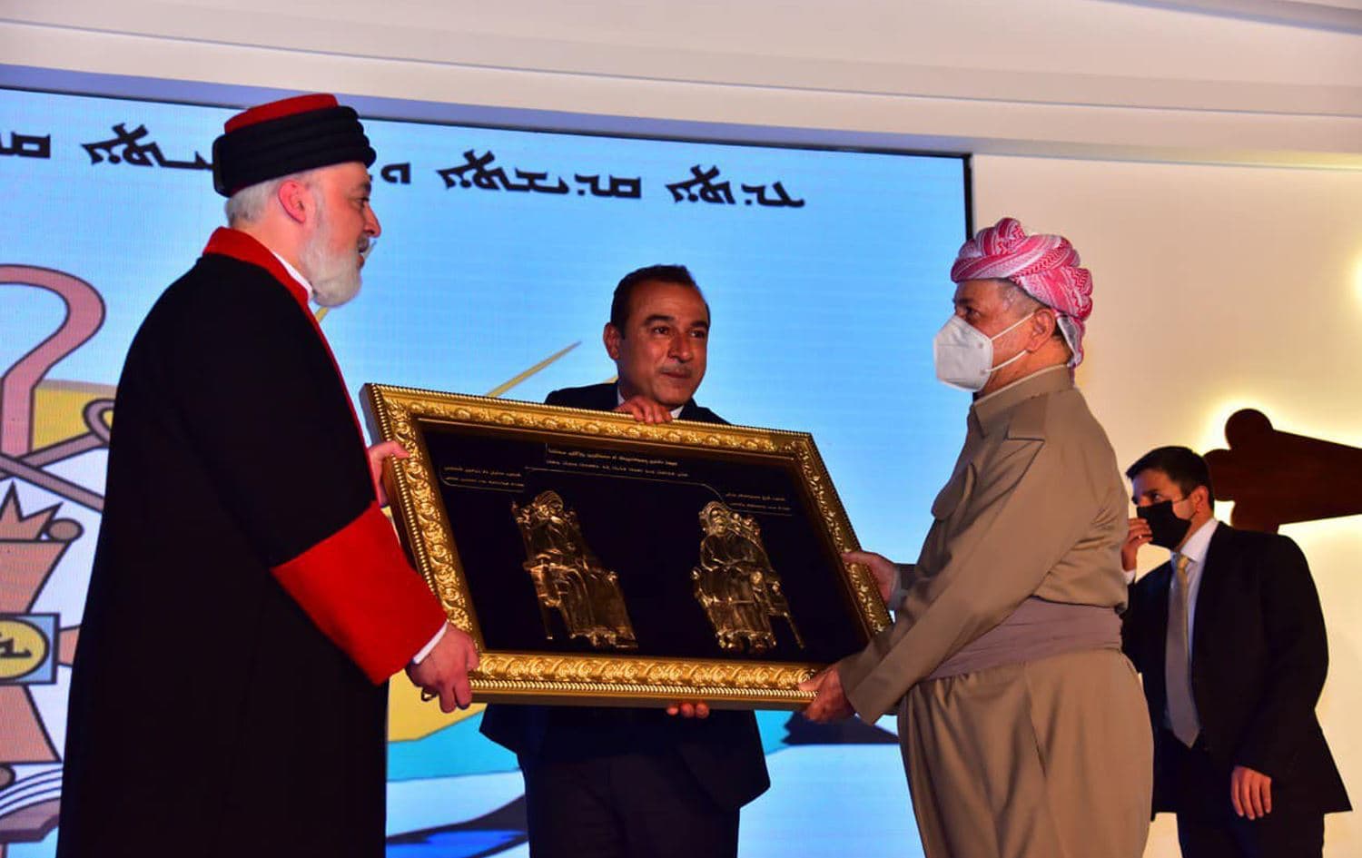 Patriarch Mar Awa Royel (left) and KDP leader Masoud Barzani (right) at the inauguration ceremony of the headquarters of the Patriarch of the Assyrian Church of the East in Erbil on September 12, 2022. Photo: Barzani Headquarters