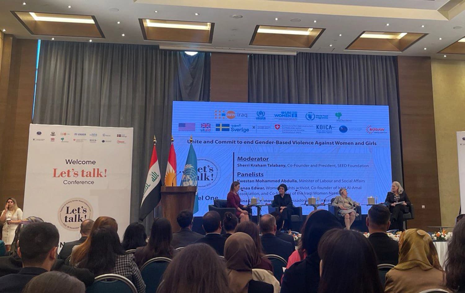  “ Let’s Talk” conference in Erbil with a panel attended by Minister of Labor and Social Affairs  Kwestan Mohammed, Hanaa Edwar, co-founder of Iraqi al-Amal association, US ambassador to Iraq Alina Romanowski, andSEED Foundation President Sherri Kraham Talabani in Erbil on November 28, 2022. Photo: Rudaw