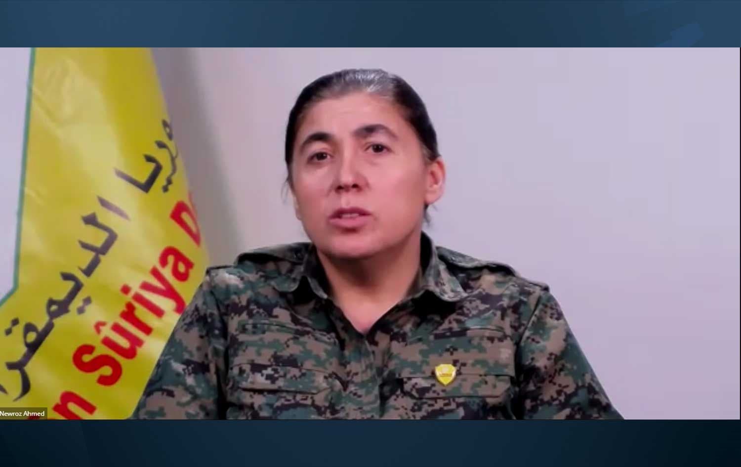 Newroz Ahmed, female commander of SDF, speaking at a zoom conference on November 28, 2022. Photo: Zoom/screengrab