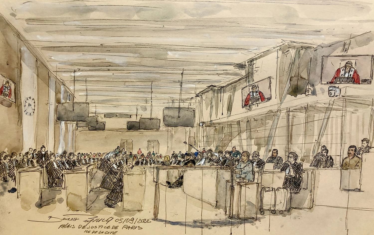 This file court-sketch made on September 5, 2022 shows a general view of the courthouse in Paris during the opening day of the trial of suspects over the 2016 Nice truck attack. Photo: Benoit Peyrucq/AFP