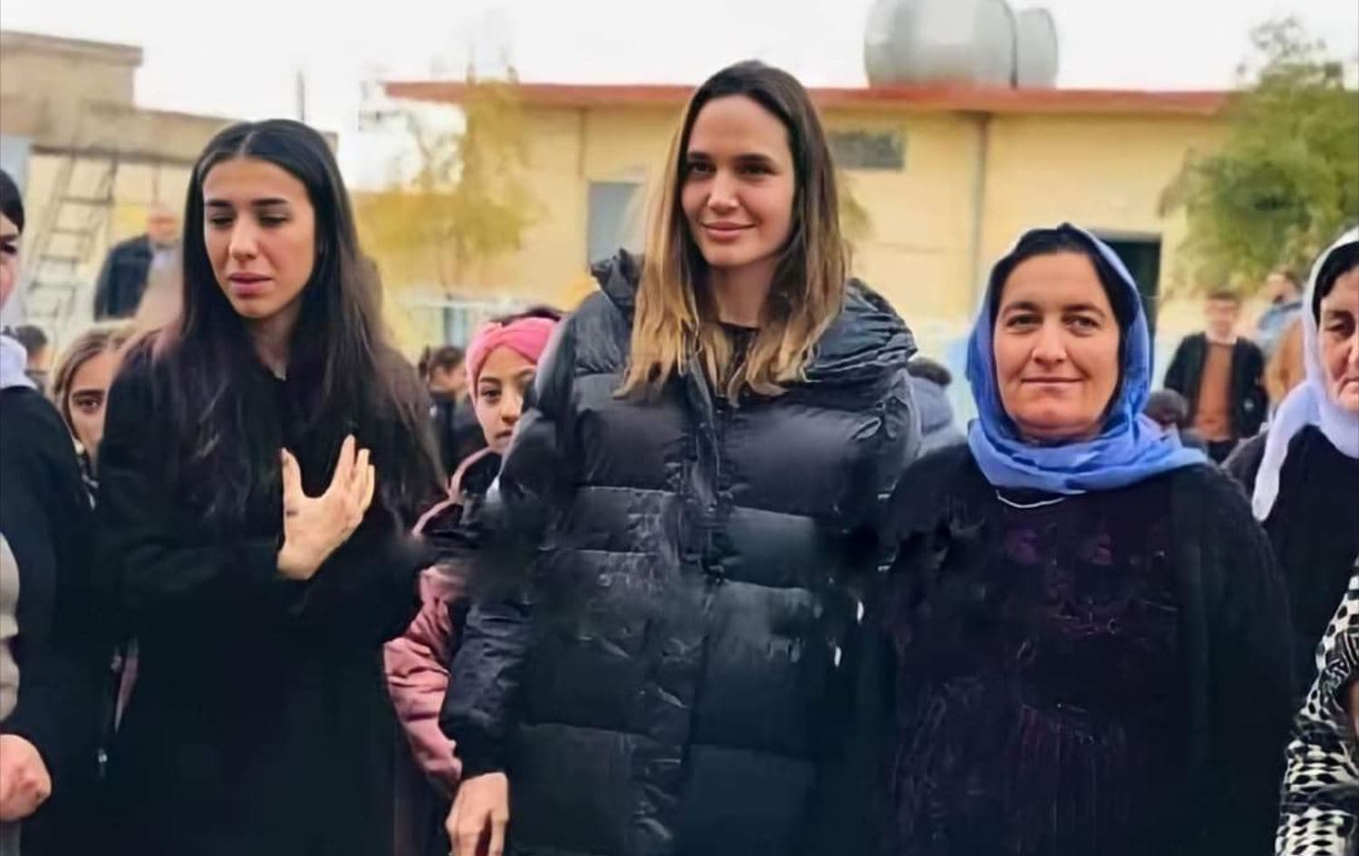 From left: Yazidi activist Nadia Murad, Angelina Jolie and a Yazidi woman in Shingal on February 1, 2023. Photo: submitted 