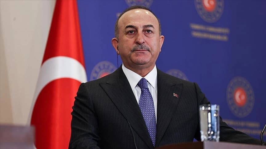 Turkish Foreign Minister Mevlut Cavusoglu speaking to reporters in Istanbul on February 3, 2023. Photo: AA