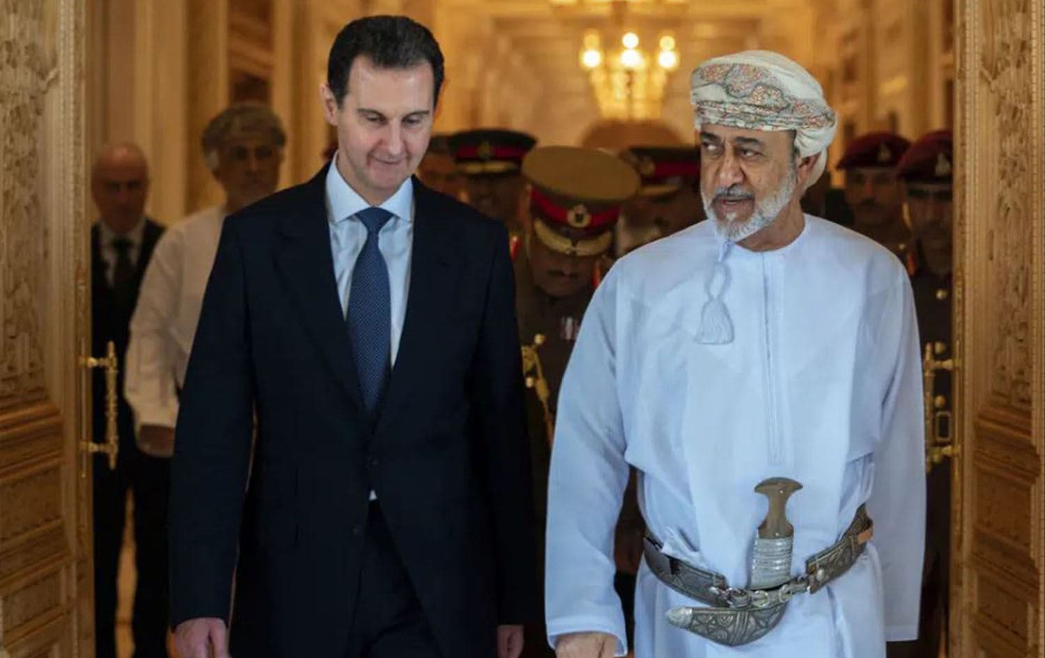 In this photo released by the official Syrian state news agency SANA, Omani Sultan Haitham bin Tariq, right, receives Syrian President Bashar Assad in the capital Muscat, Oman, Monday, Feb. 20, 2023. Photo: SANA/AP
