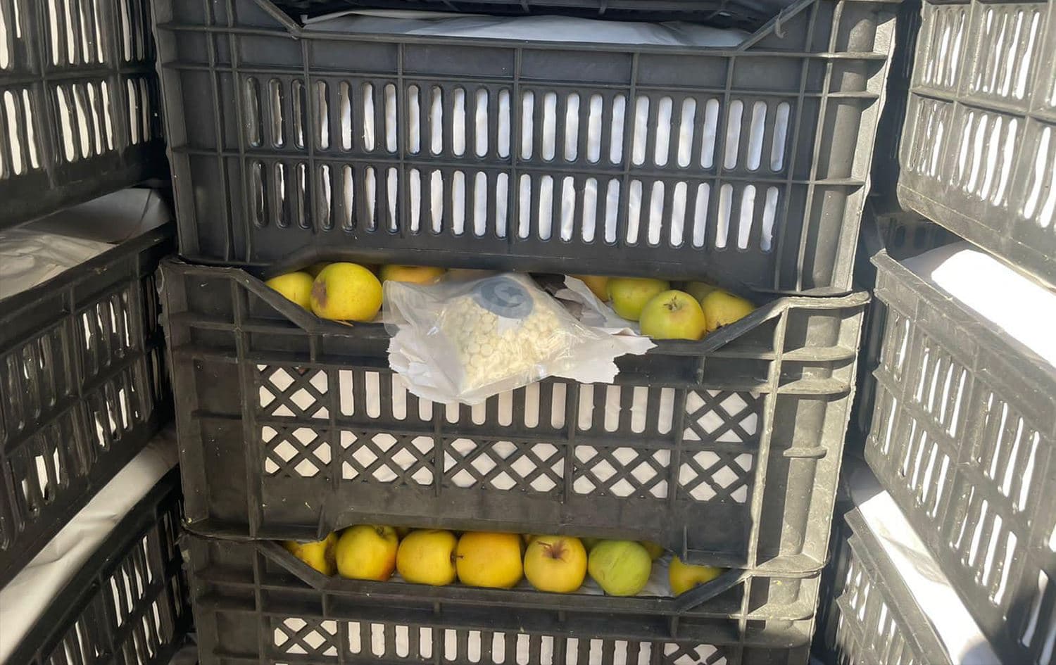 A handout picture released by the Iraqi border authority on March 11, 2023, shows captagon pills, hidden in apple crates, after they were seized by the Iraqis at the al-Qaim border crossing between Syria and Iraq. Photo: Iraq Border Authority / AFP