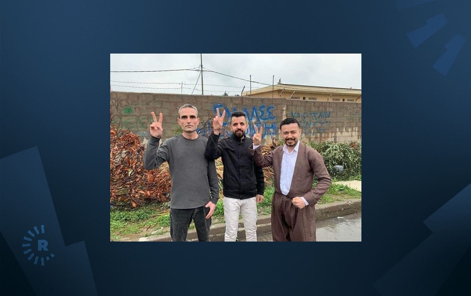 From left: Ayaz Karam, Hariwan Issa, Shvan Saeed after being released from prison on March 16, 2023. Photo: via Ali Hama Saleh Taha/Facebook