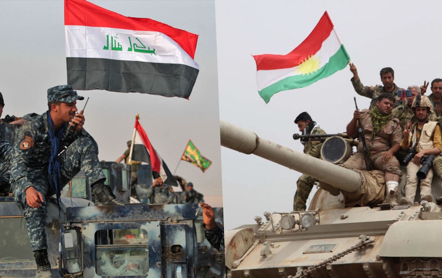 Iraqi army soldiers (left) and Peshmerga forces (right). Photos: AFP