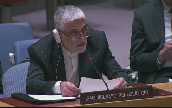 Amir Saeid Iravani, Iran’s permanent representative to the UN, speaking during a Security Council briefing on April 27, 2023. Photo: United Nations/Screengrab.