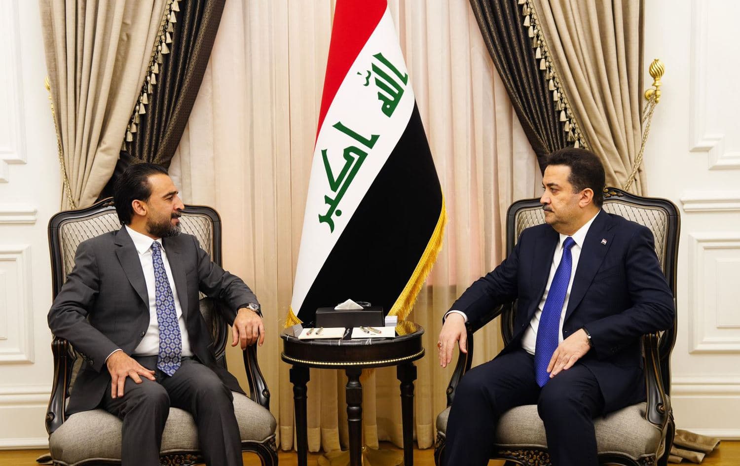 Iraq’s Prime Minister Mohammed Shia’ al-Sudani (right) receives Parliamentary Speaker Mohammed al-Halbousi (left) in Baghdad on May 9, 2023. Photo: PM Sudani's office