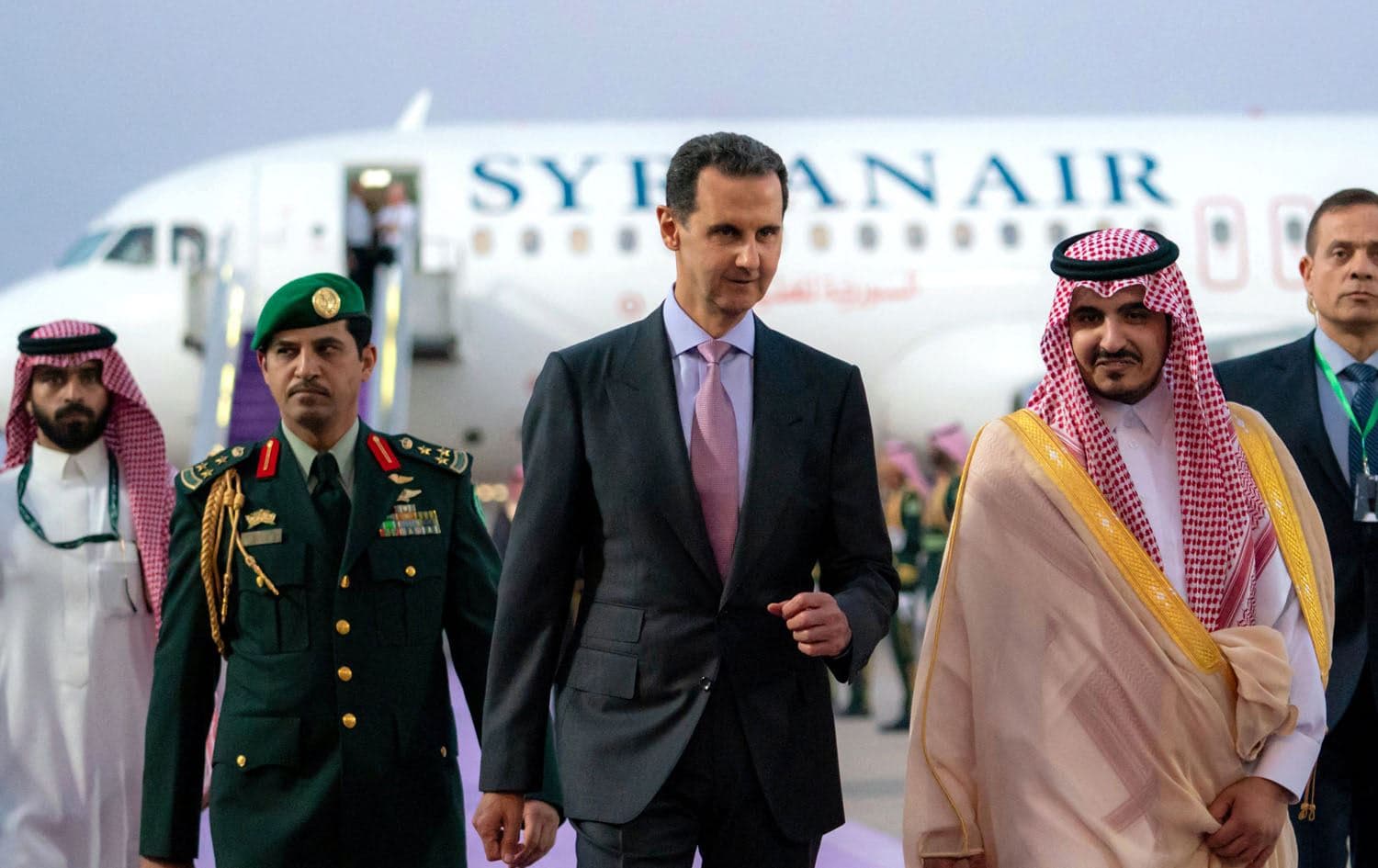 Syrian President Bashar al-Assad (left) is received in Jeddah, Saudi Arabia by Deputy Emir of Mecca Prince Badr bin Sultan bin Abdulaziz (right) ahead of the Arab League summit on May 19, 2023. Photo: Syrian Presidency Facebook page/AFP