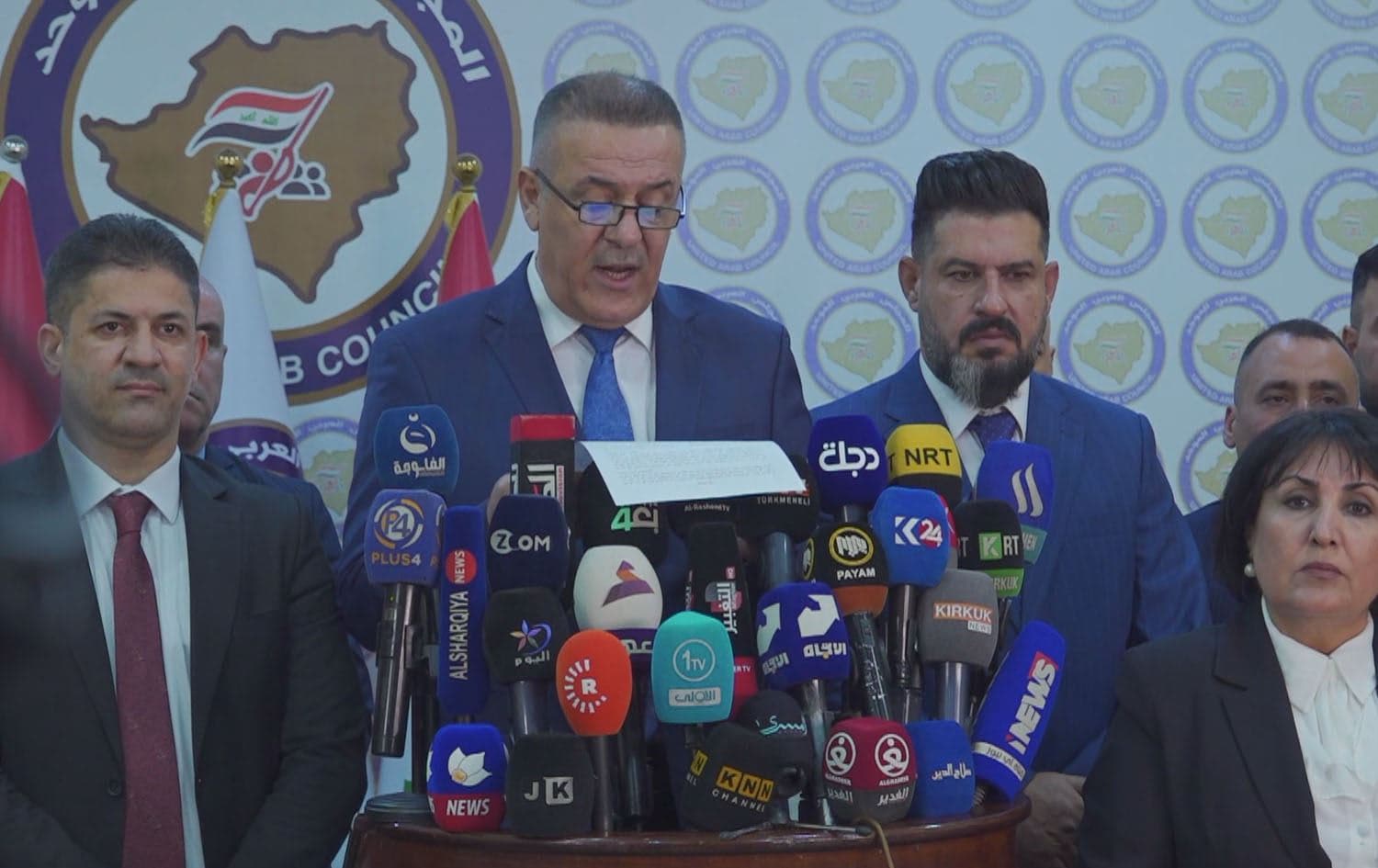 Hatim al-Tai, spokesperson for the Arab Coalition in Kirkuk, speaks during a press conference on May 23, 2023. Photo: Rudaw/screengrab
