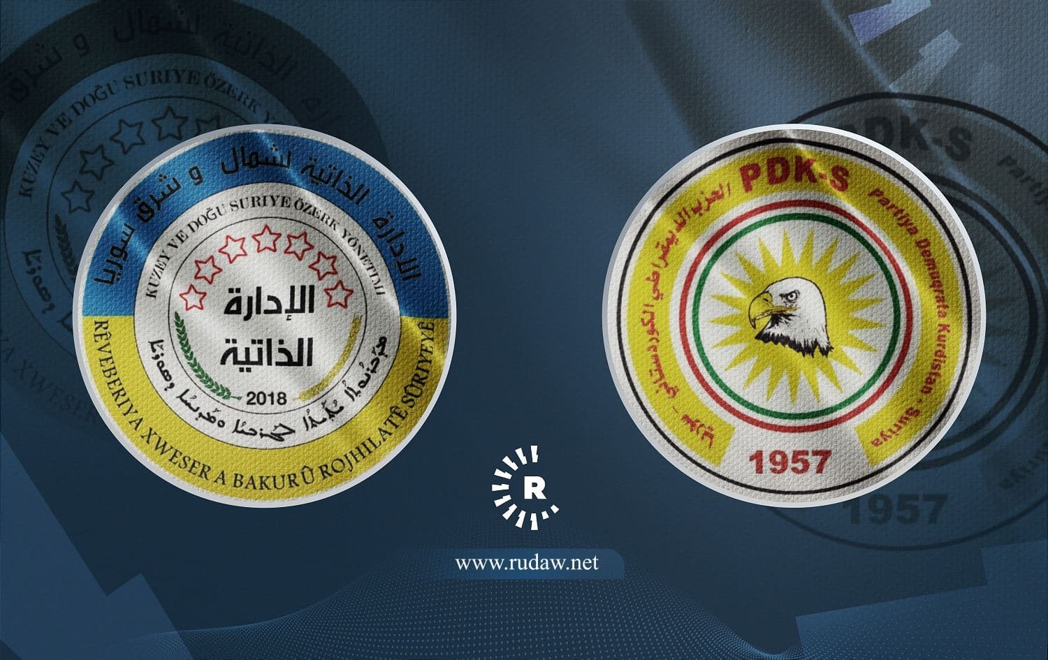 From left: logos of Kurdish autonomous administration in Rojava and PDK-S.