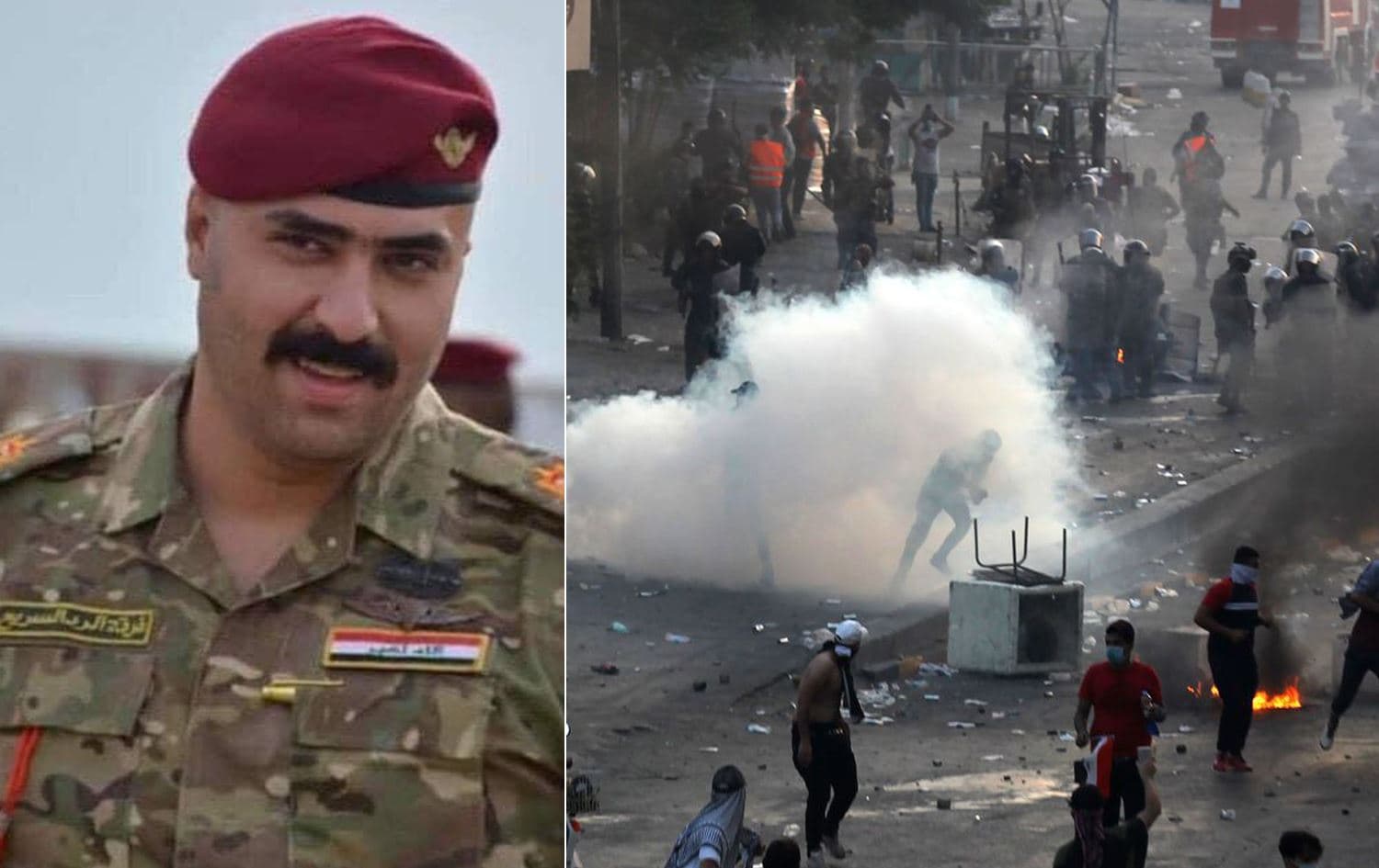 Iraqi security officer Omar Nazar (left). Photo: Iraqi Social media. Iraqi police fire teargas at protesters during demonstrations in Baghdad on October 2, 2019. Photo: Ahmad al-Rubaye/AFP