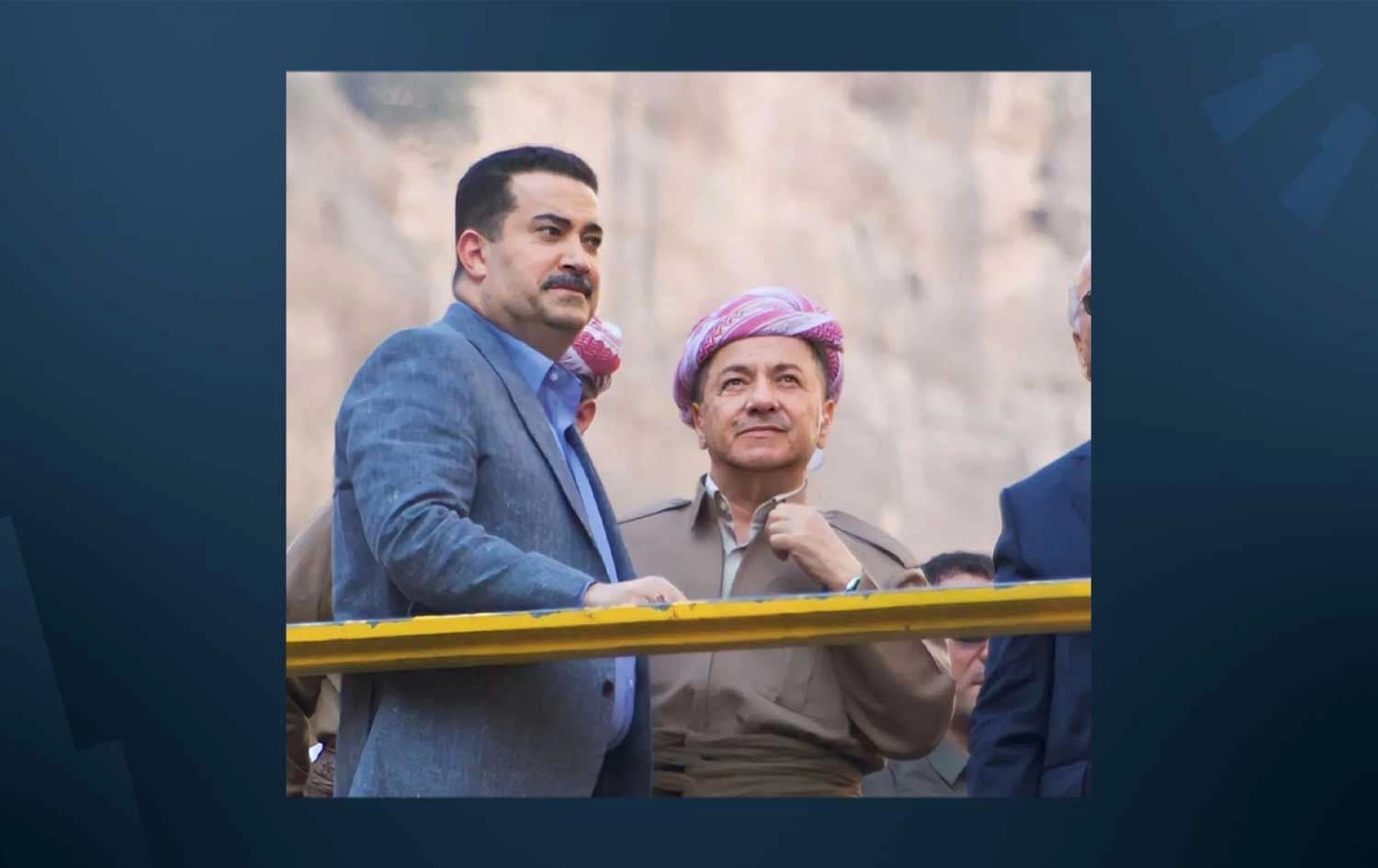 Iraqi PM Mohammed Shia' al-Sudani (left) and KDP Leader Masoud Barzani (right) in a resort in Erbil province on July 13, 2023. Photo: submitted 