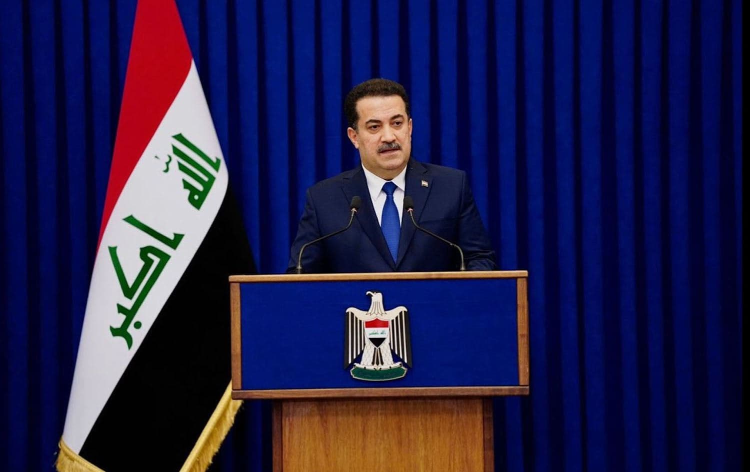 Iraqi Prime Minister Mohammed Shia' al-Sudani speaking during a press conference in Baghdad on August 1, 2023. Photo: PM Sudani's office