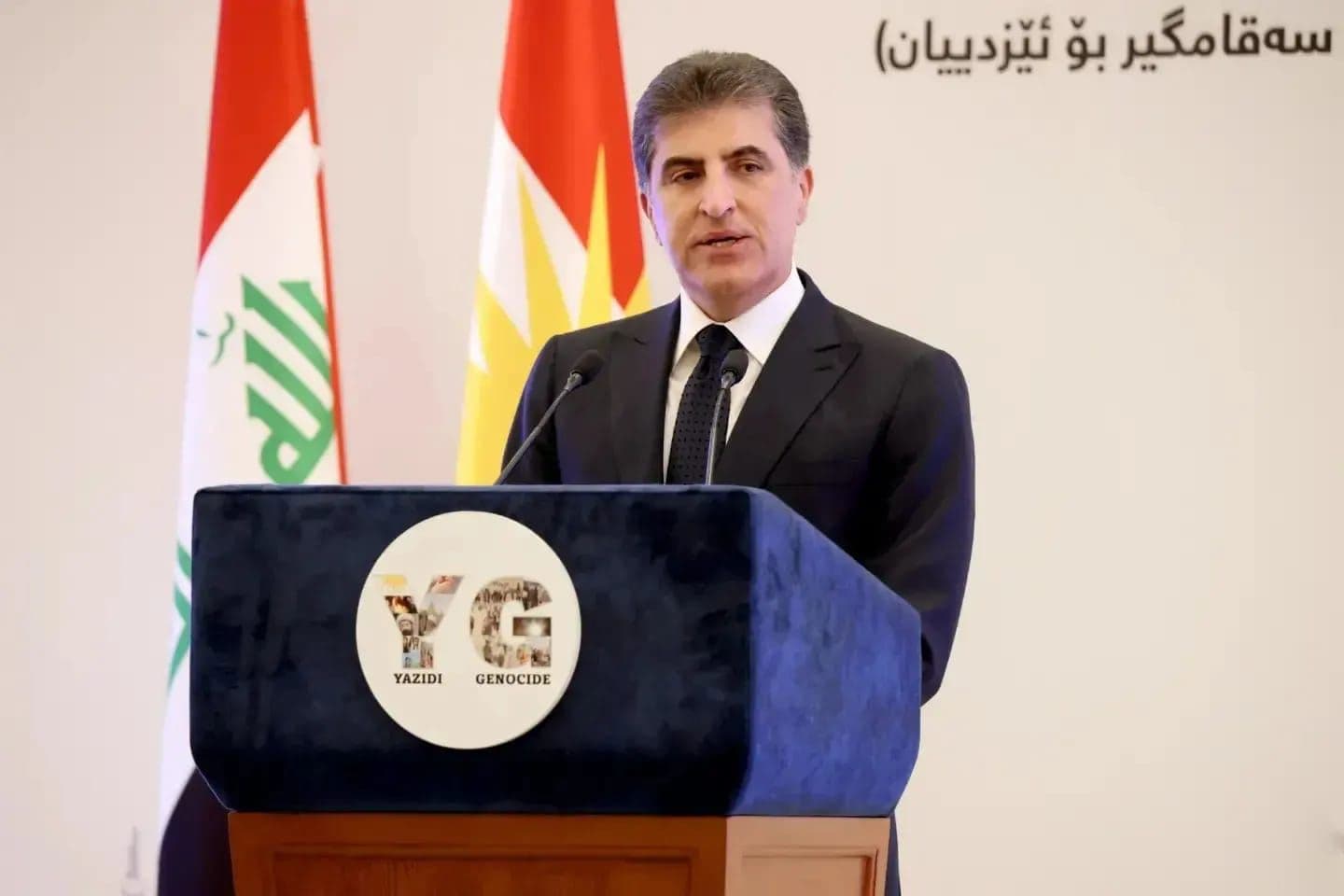 Kurdistan Region President Nechirvan Barzani speaks at an event in Erbil commemorating Yazidi genocide by ISIS. Date: August 3, 2023. Photo: Presidency 