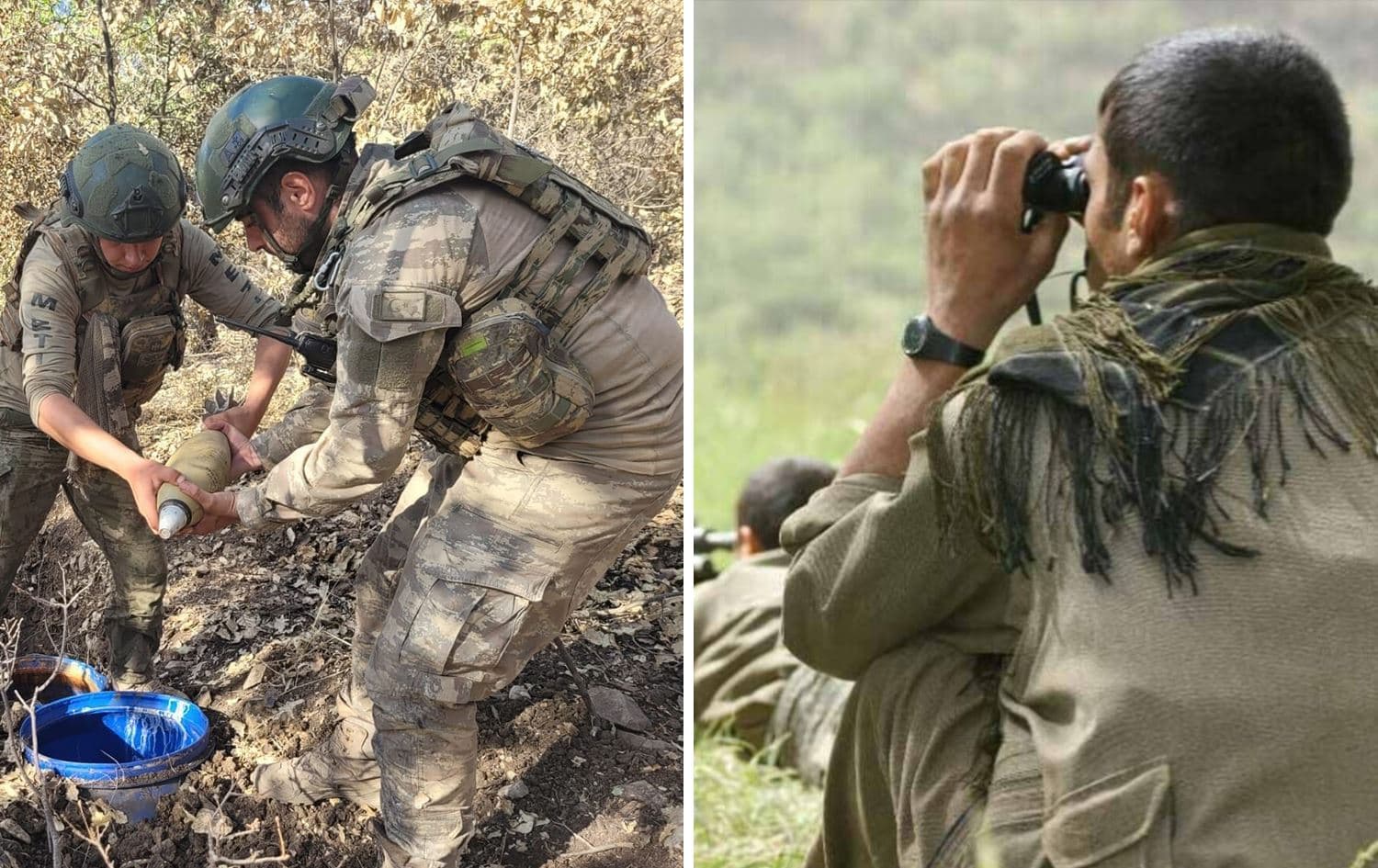 From left: Turkish soldiers and PKK fighters. Photos: Turkish defence ministry and ANF 